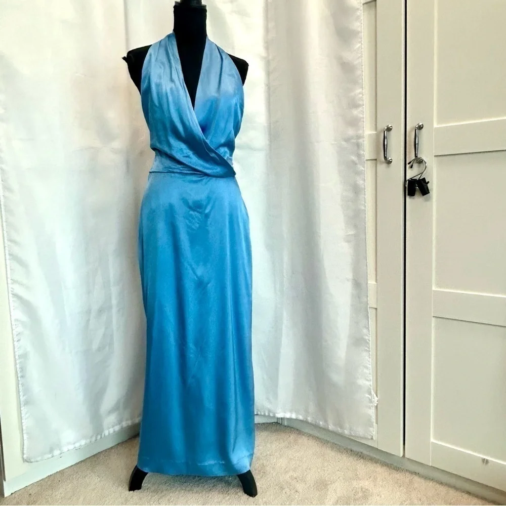 Zara blue satin effect halter top ruched open back midi slip dress NWT - Picture 10 of 16
